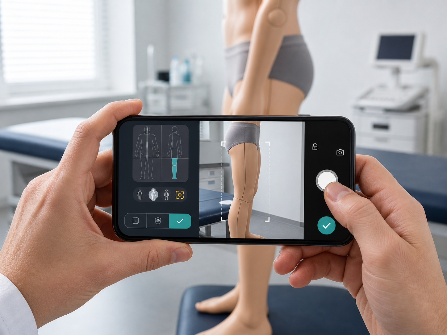 Ein Smartphone erfasst datenschutzbewusst eine Körperregion an einem medizinischen Trainingsmodell.