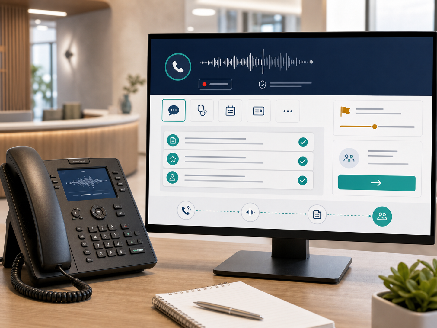 Ein Praxisarbeitsplatz strukturiert Telefonanliegen und übergibt sie nachvollziehbar an das Team.