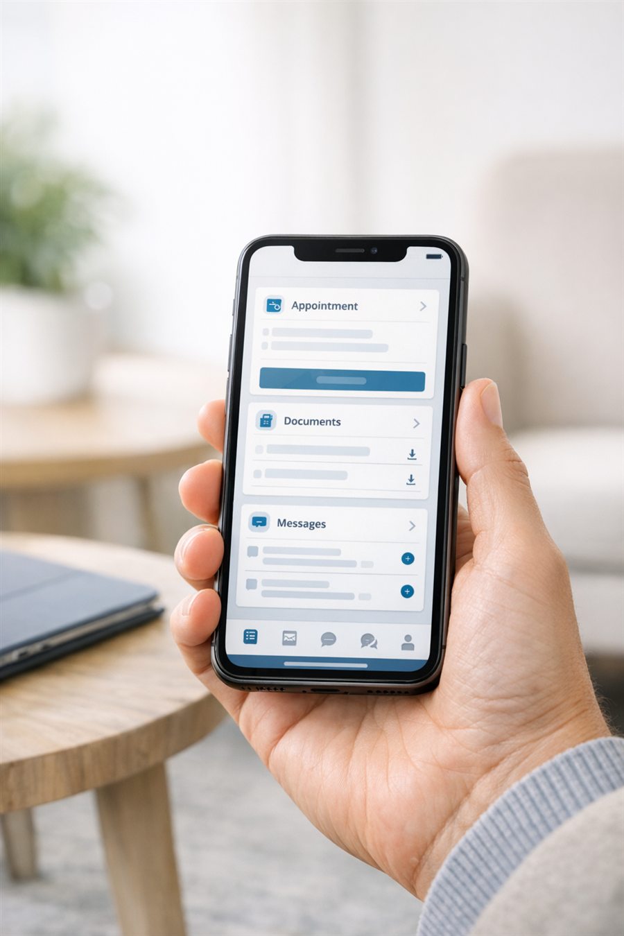 Mobiles Patientenportal für Termine, Dokumente, Uploads und Nachrichten im Praxiskontext.